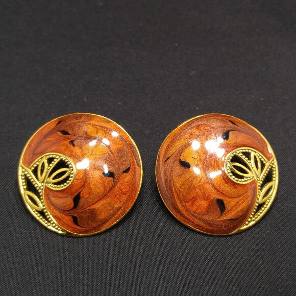 Vintage Berebi Brown Guilloche Enamel Openwork Floral Post Earrings, 1990s - Picture 8 of 10